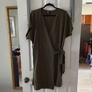 Bobeau Khaki Midi Dress with Tie Waist